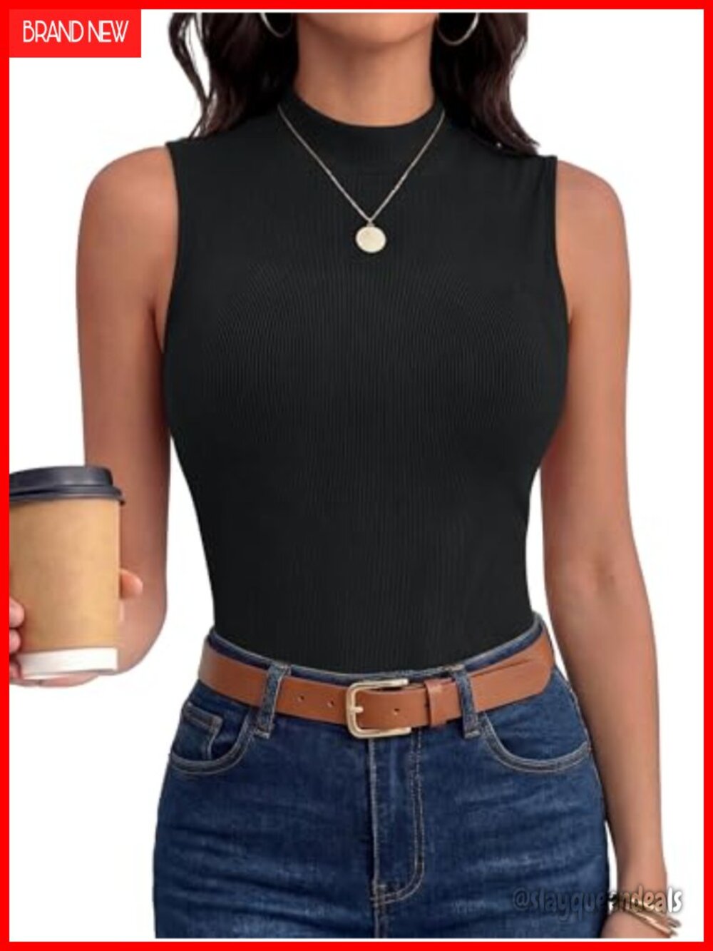 Ribbed Slim Fit Mock Neck Sleeveless Tank Top Women Yoga Office